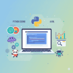 Illustration of Python programming concepts with laptop showing code, Python logo, AI/ML icons, data charts, and Python libraries like NumPy, Pandas, and TensorFlow."