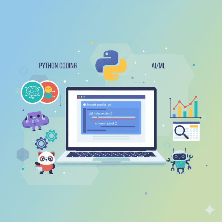 Illustration of Python programming concepts with laptop showing code, Python logo, AI/ML icons, data charts, and Python libraries like NumPy, Pandas, and TensorFlow."