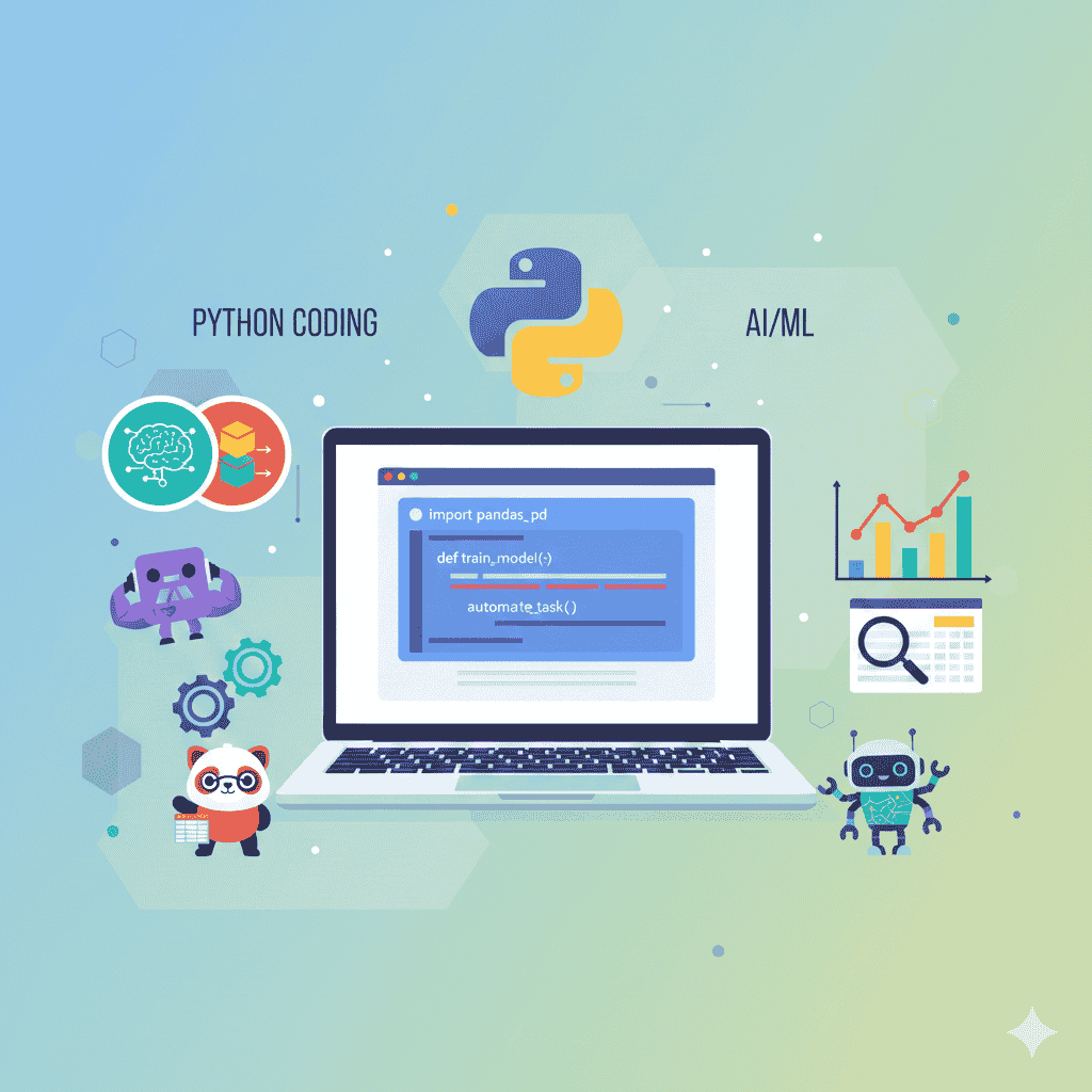 Illustration of Python programming concepts with laptop showing code, Python logo, AI/ML icons, data charts, and Python libraries like NumPy, Pandas, and TensorFlow."