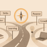 Illustration showing multiple career paths with a compass representing clarity and choosing the right career