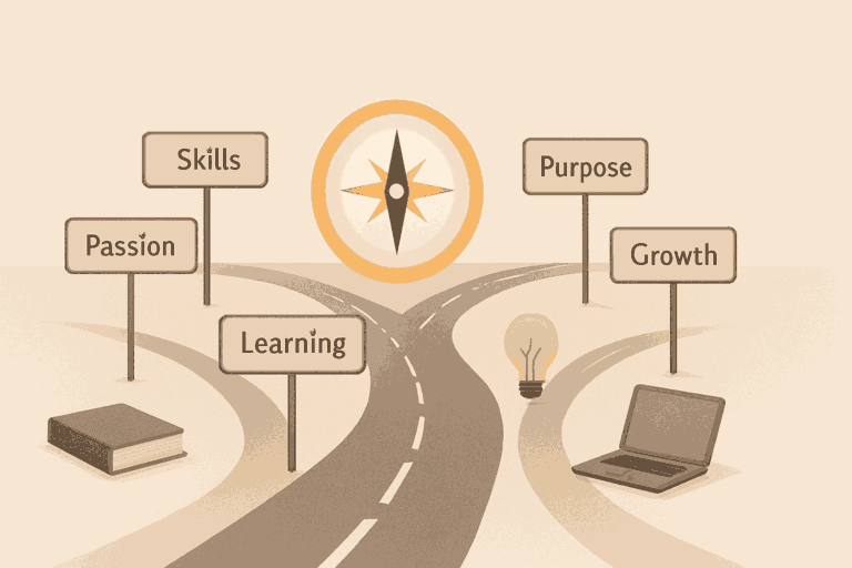 Illustration showing multiple career paths with a compass representing clarity and choosing the right career