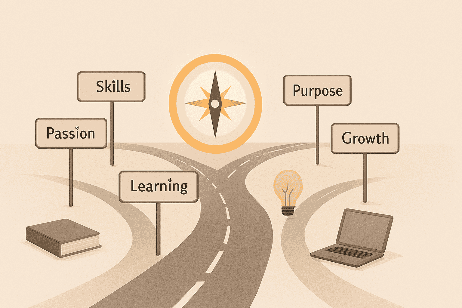 Illustration showing multiple career paths with a compass representing clarity and choosing the right career