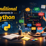 Illustration of a young male student learning Python conditional statements, pointing at a computer screen displaying if, elif, and else code with colorful logic flow elements.