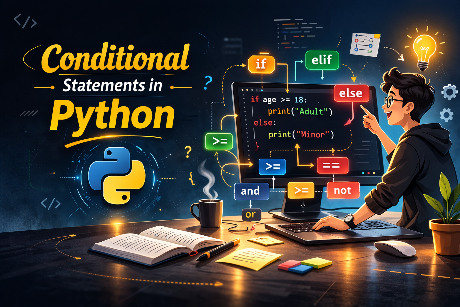 Conditional Statements in Python – Complete Beginner Guide Illustration of a young male student learning Python conditional statements, pointing at a computer screen displaying if, elif, and else code with colorful logic flow elements.