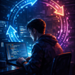 Young programmer working on a laptop surrounded by glowing circular arrows representing loops in Python in a futuristic neon coding environment.