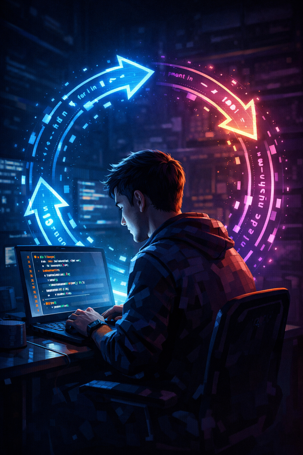 Loops in Python – Complete Beginner Guide Young programmer working on a laptop surrounded by glowing circular arrows representing loops in Python in a futuristic neon coding environment.