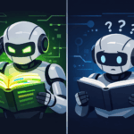 Split illustration showing overfitting and underfitting in machine learning with robot characters on dark background
