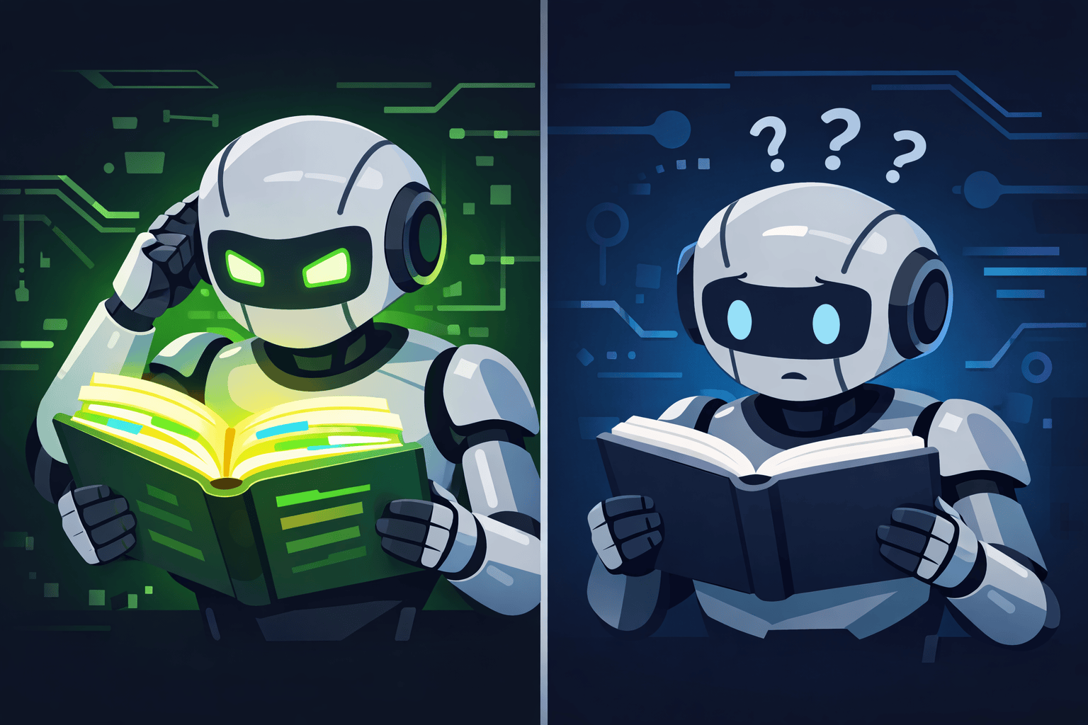 Split illustration showing overfitting and underfitting in machine learning with robot characters on dark background