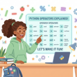Playful illustration of a female teacher explaining Python operators on a digital board with symbols like +, ==, and, or, and % for beginners.