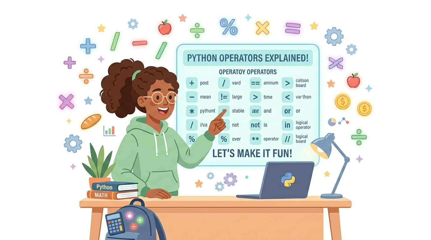 Python Basics – Part 2: Operators in Python Playful illustration of a female teacher explaining Python operators on a digital board with symbols like +, ==, and, or, and % for beginners.