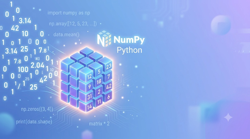 "NumPy basics illustration showing numbers transforming into an organized array structure with Python code elements"