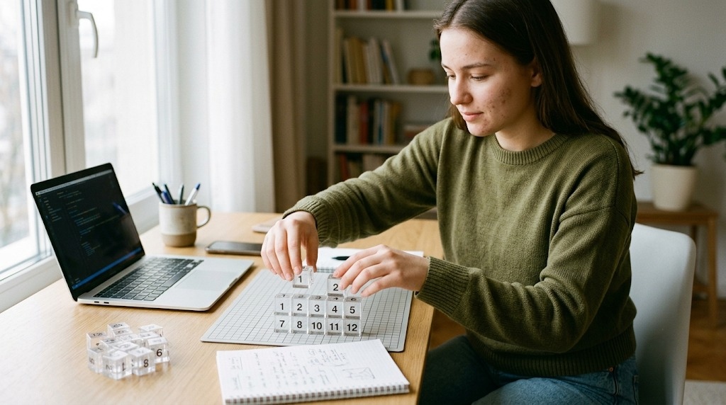 Young student reshaping a NumPy array by rearranging numbered blocks into a rectangular structure