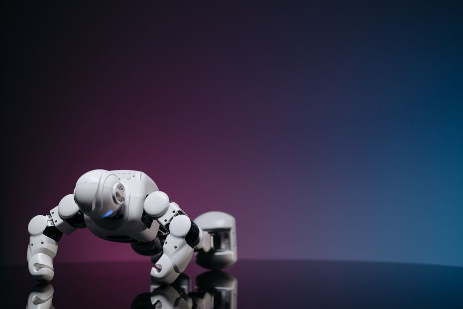 White robot doing push-ups on reflective surface, futuristic concept.