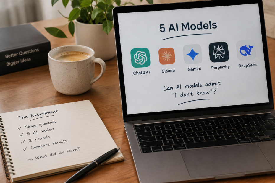 Five AI models being tested with the same reasoning prompts on a laptop